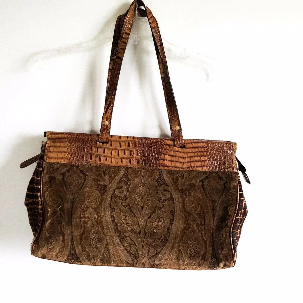 Rare Clever Carriage Company Brown Pony Hair Croc Embossed Leather Large Tote